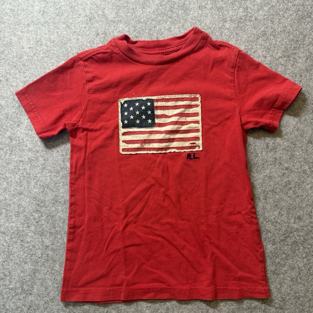 Polo Ralph Lauren Boys L 14-16 American Flag T Shirt Red USA Distressed Applique